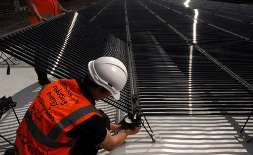 One of 69,500 photovoltaic solar panels that have been installed on the roof of Sainsbury’s supermarkets:: generating enough power for 4,100 homes. Sainsbury’s is now the largest multiroof solar panel operator in the UK and Europe.